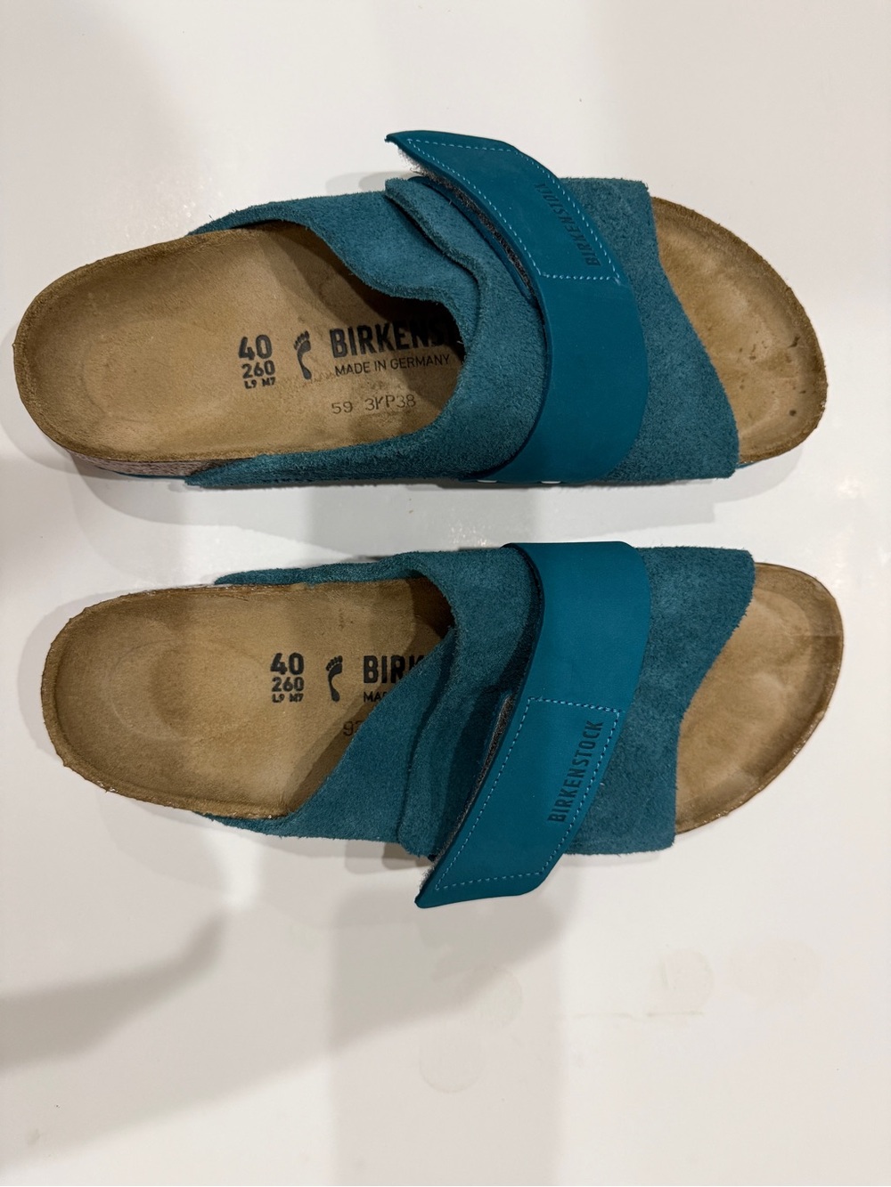 Birkenstock EU 40 Women 9 Deep Turquoise Suede Adjustable Slide Sandals